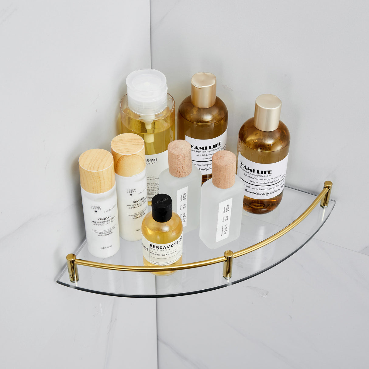 Gold Set of 2 Bathroom Glass Corner Shelf Wall Mounted