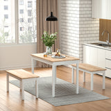 White Set of 3 Modern Wood Dining Table and Benches