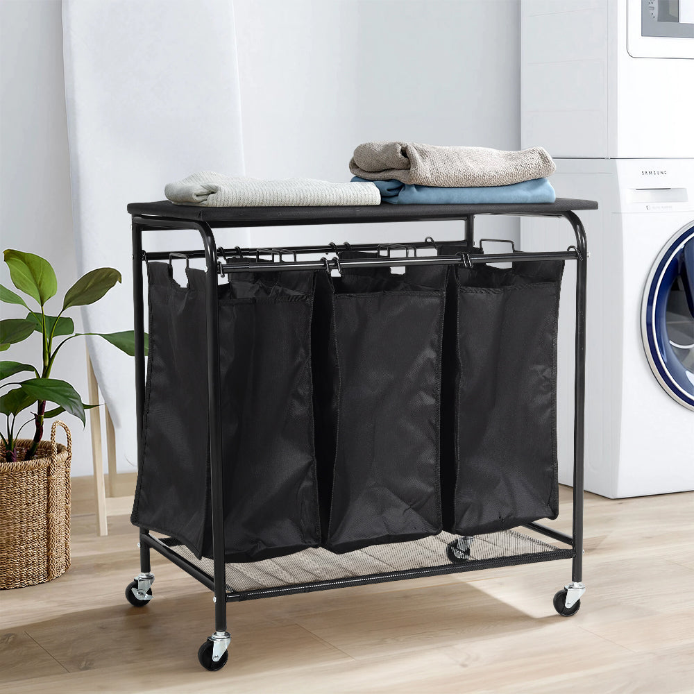 Black 3 Bag Wheeled Laundry Sorter Cart with Ironing Board