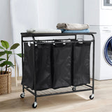 Black 3 Bag Wheeled Laundry Sorter Cart with Ironing Board