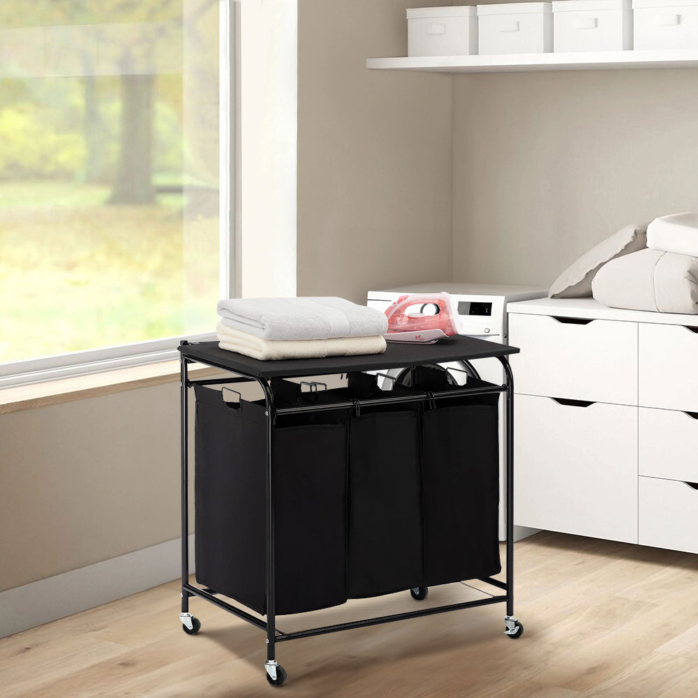 Black 3 Bag Wheeled Laundry Sorter Cart with Ironing Board