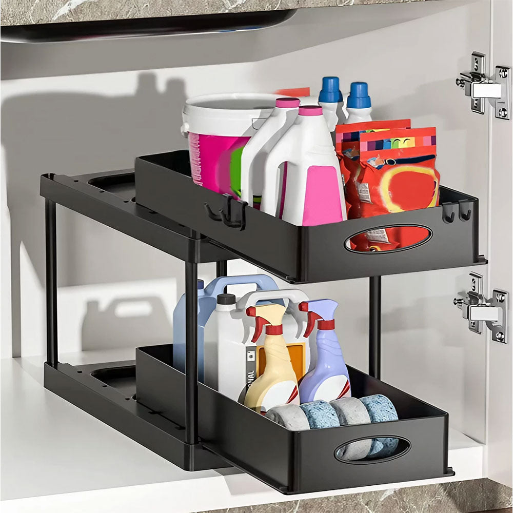 Black 2 Tier Under Sink Pull Out Storage Organizer