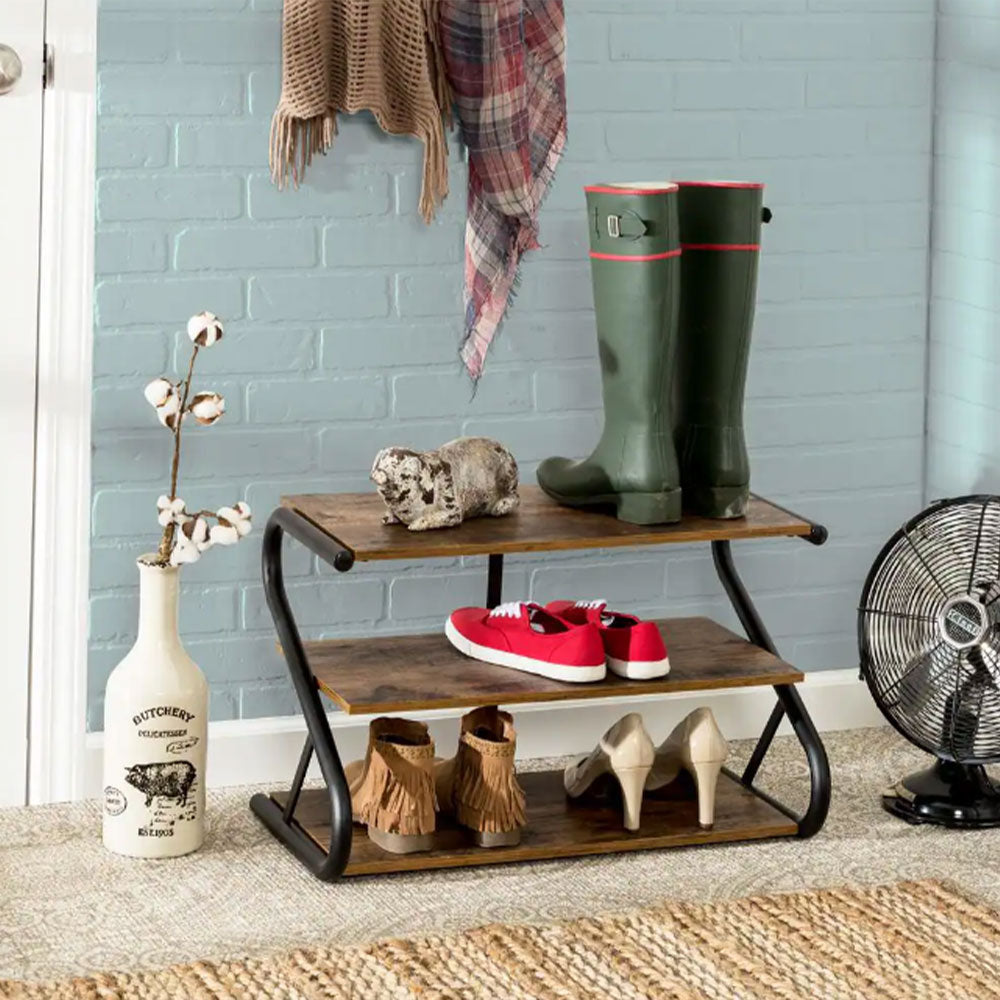 Brown S frame Shoe Rack 3 Tier Shelf