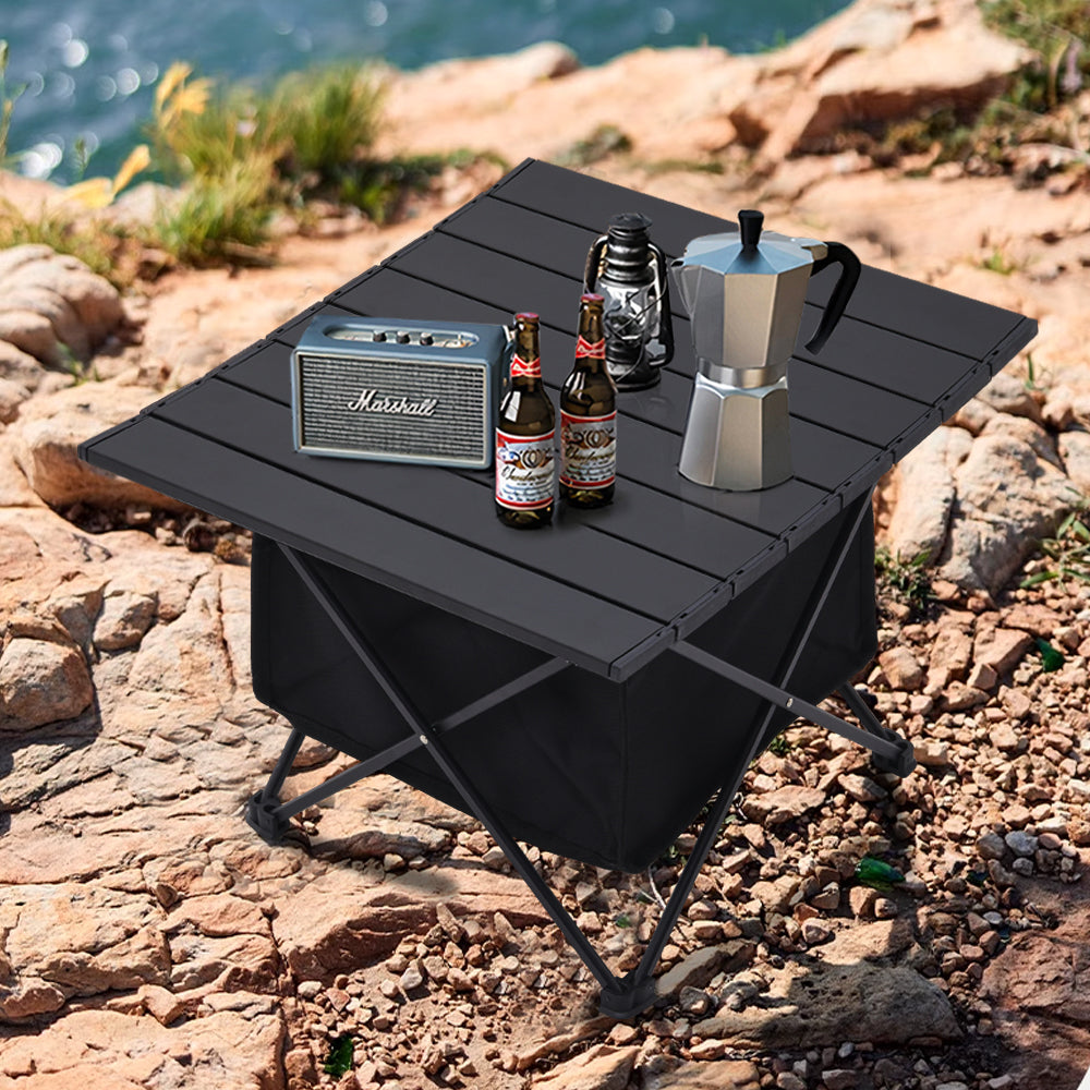 68x45CM Aluminum Portable Roll Top Camp Table with Storage Basket