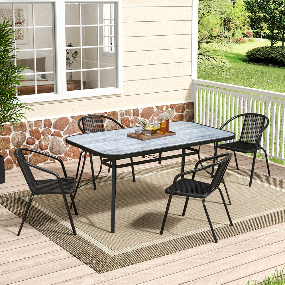 Rectangular 150cm Garden Tempered Glass Wood Grain Coffee Table with Six chairs