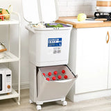 White Double-Layer Three-Compartment Trash Can with Wheels