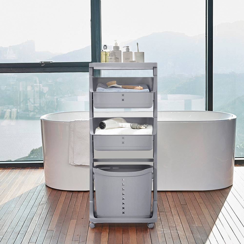 Grey 4 Tier Storage Rack Laundry Basket with Wheels