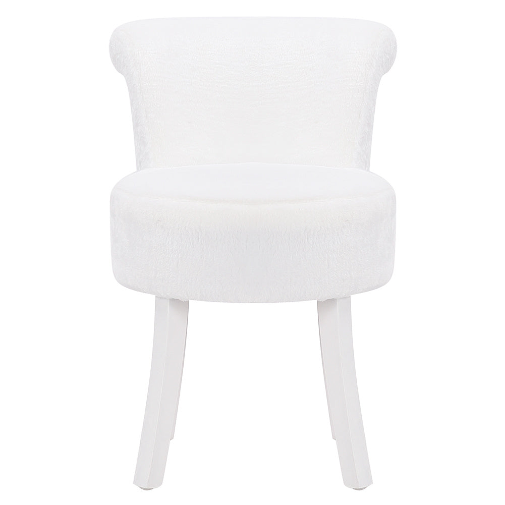 Plush Shaggy Plush Vanity Stool White Wooden Legs, White