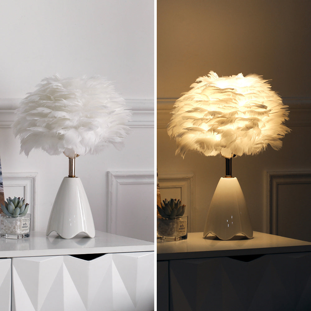LED Feather Table Lamp with Ceramic Base Bedside Light Lounge Lighting
