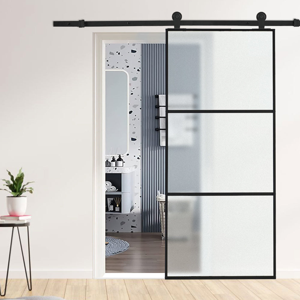 3 Frosted Glass Black Barn Door with Sliding Hardware Kit