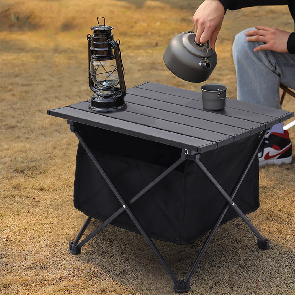 68x45CM Aluminum Portable Roll Top Camp Table with Storage Basket