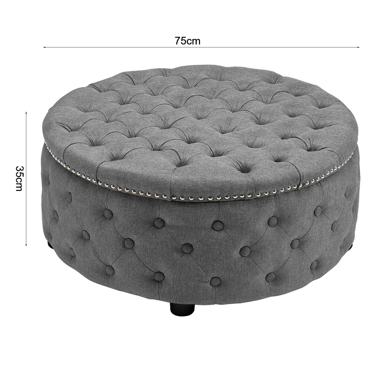 Linen Round Chesterfield Buttoned Footstool studded Edge, Light Grey