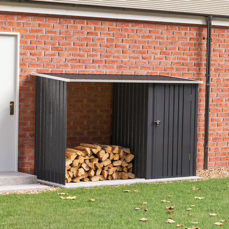 Steel Outdoor Garden Storage Shed with Log Stacking Rack Charcoal Black