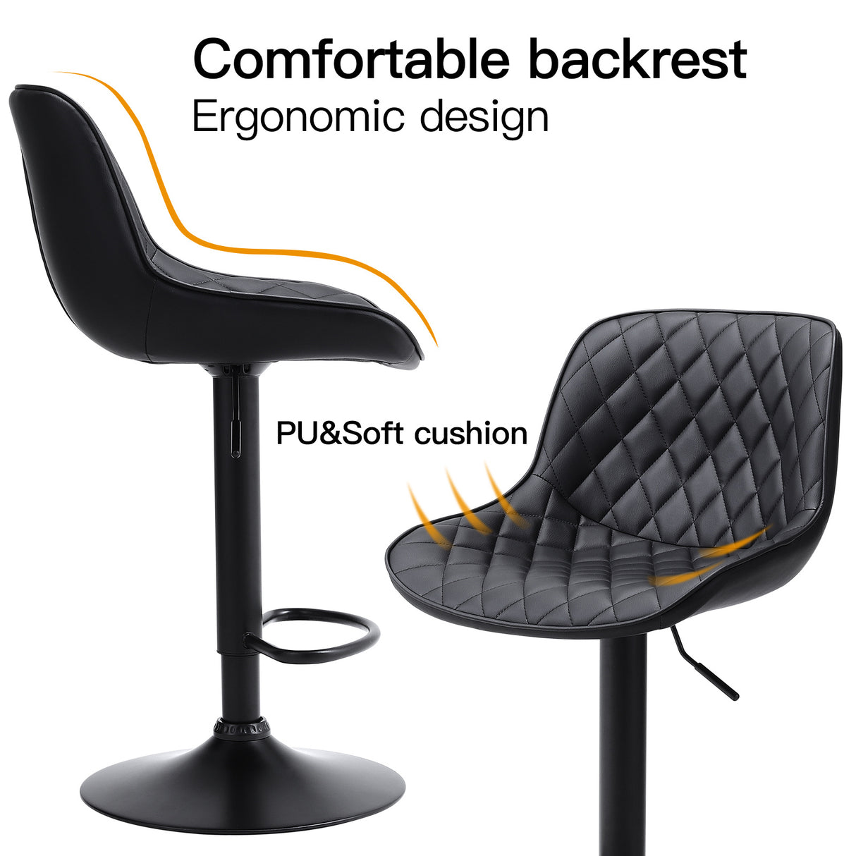 2 Pcs Faux Leather Height Adjustable Bar Stool Black