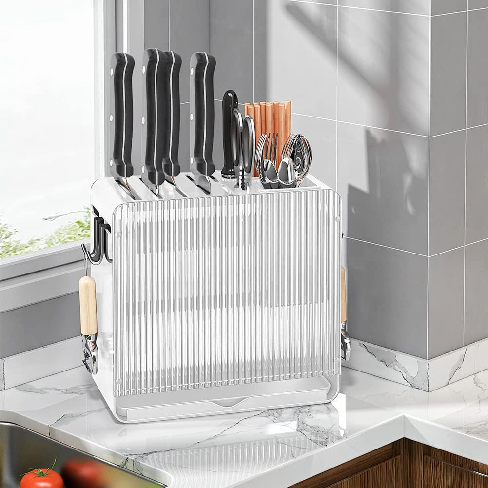White Acrylic Knife Cutlery Holder with Drain Tray