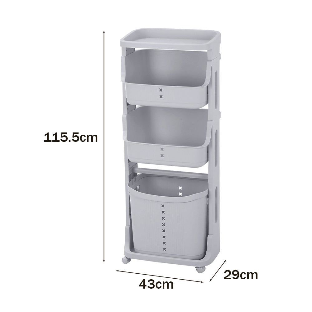 Grey 4 Tier Storage Rack Laundry Basket with Wheels
