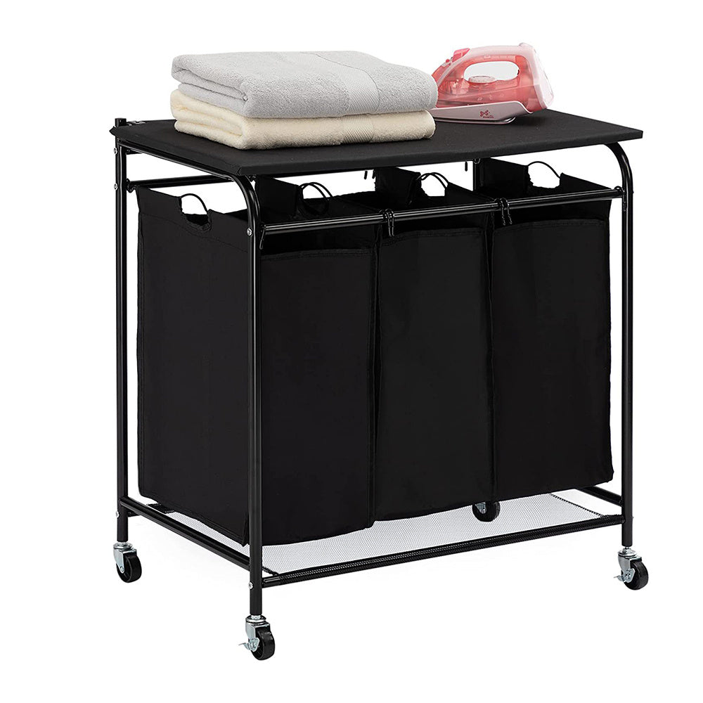 Black 3 Bag Wheeled Laundry Sorter Cart with Ironing Board