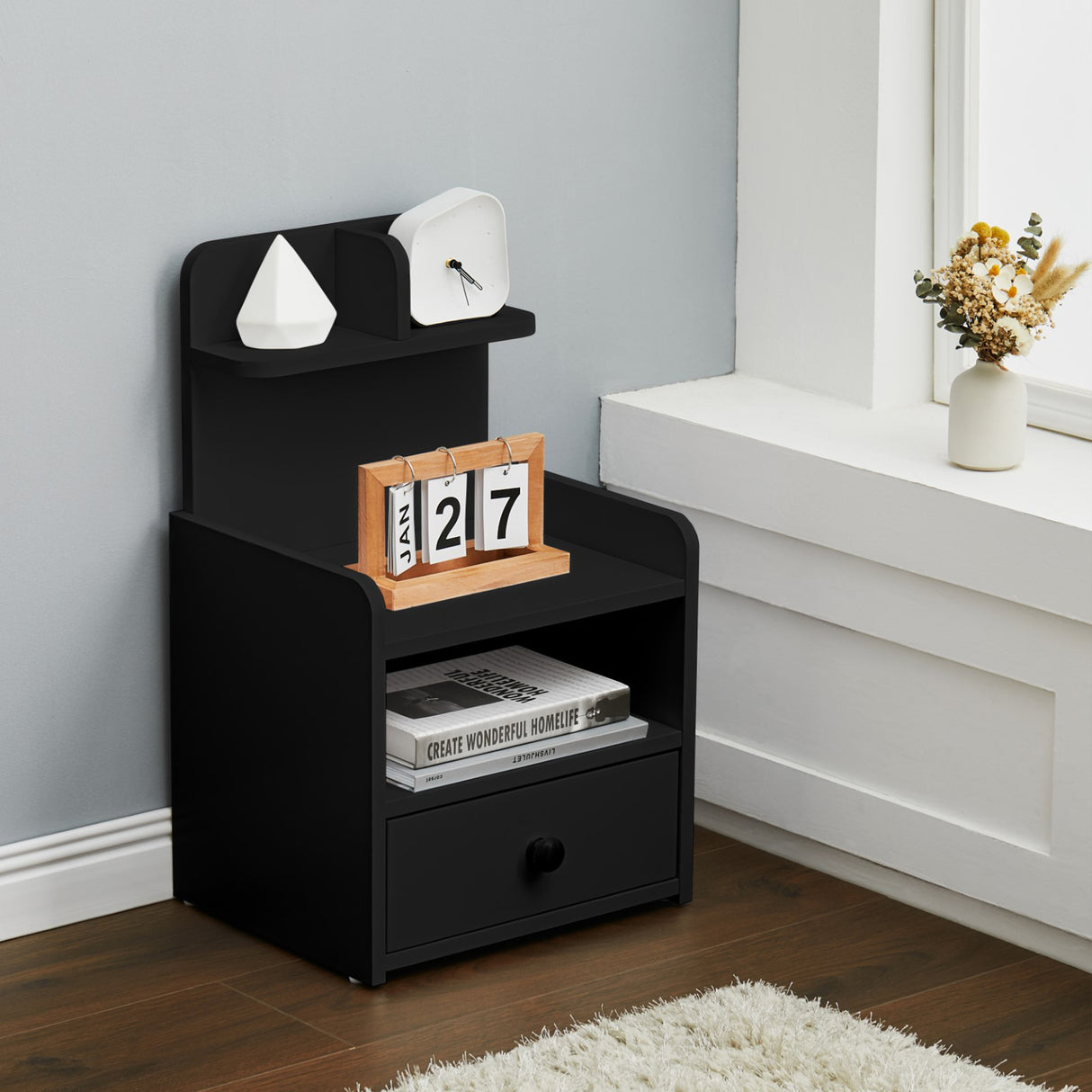 Wood Bedside Table Nightstand with Shelf and Drawer Storage