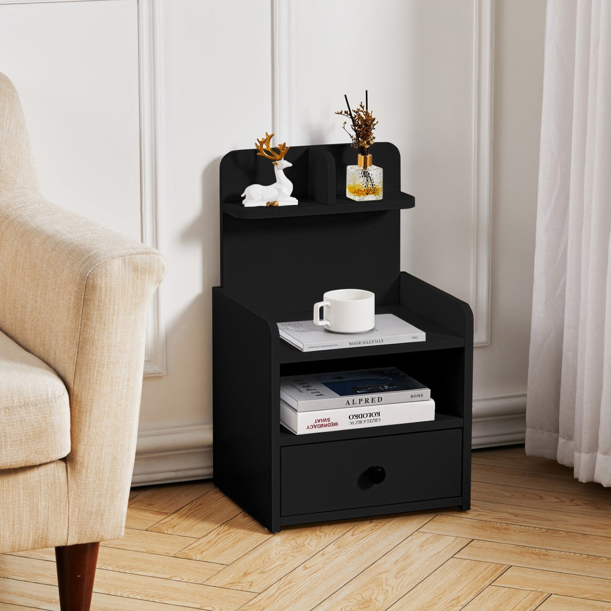 Wood Bedside Table Nightstand with Shelf and Drawer Storage