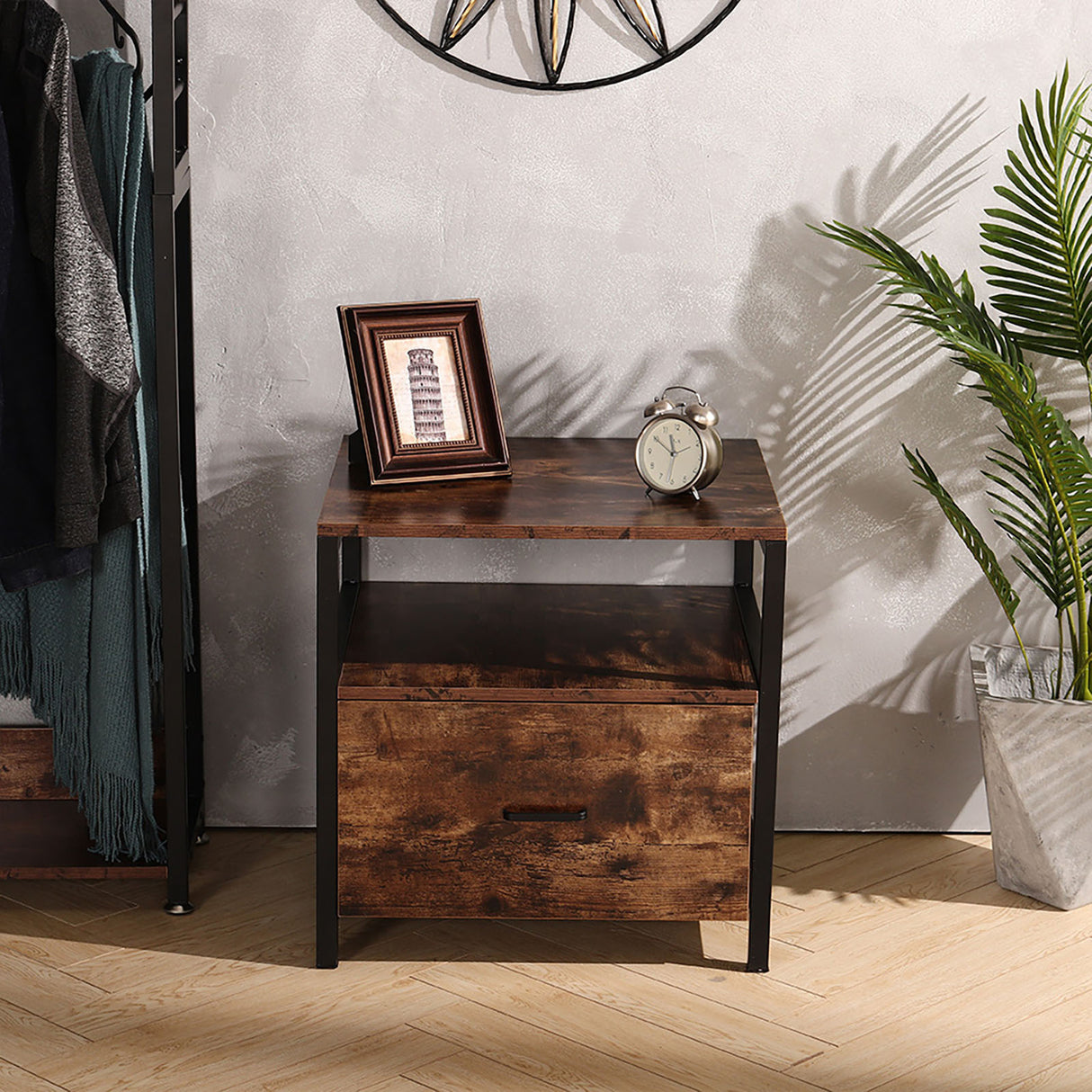 Industrial Bedside Table with Drawer Iron Frame Rustic Wood