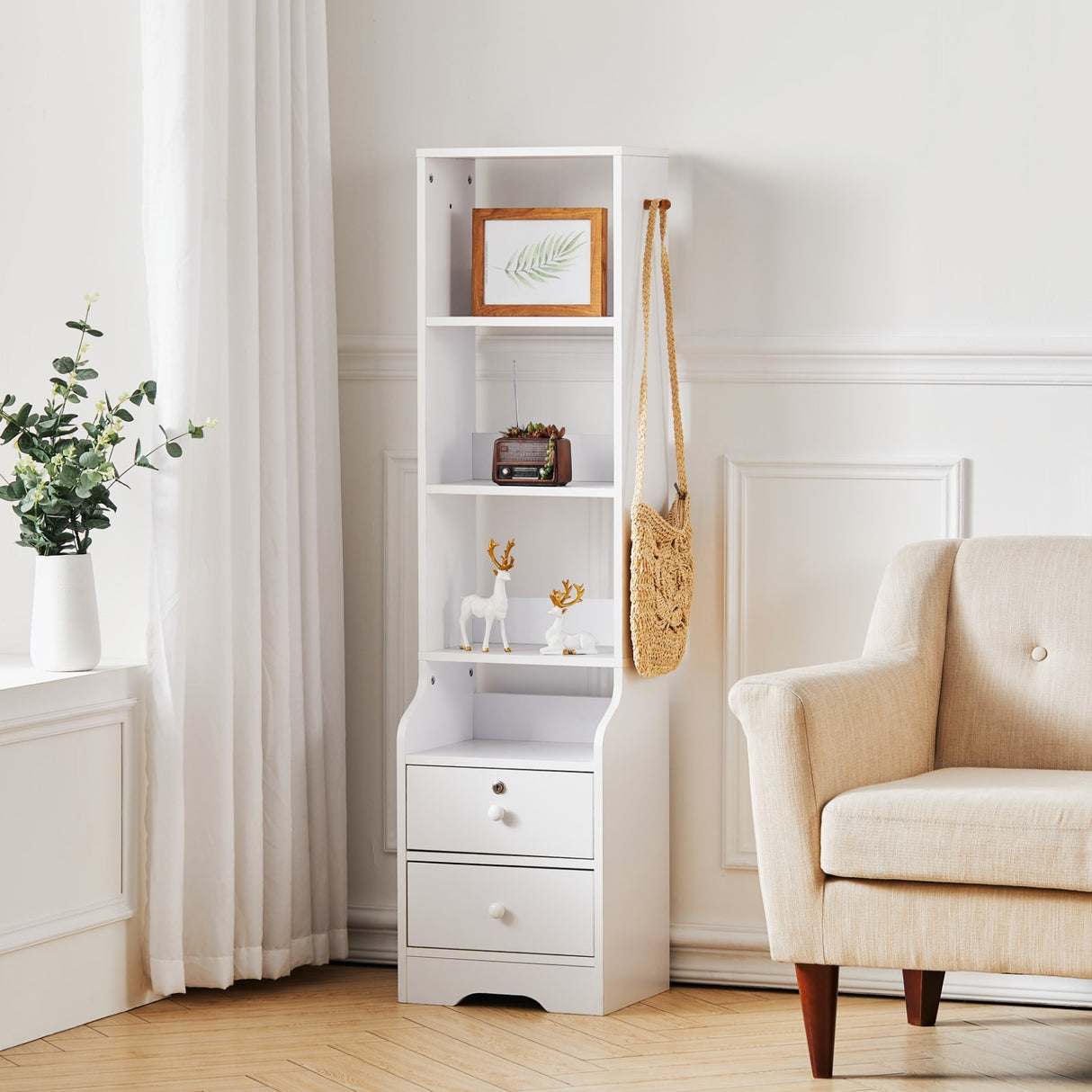 White Slim Storage Unit with 4 Tier Bookshelf Lockable Drawer