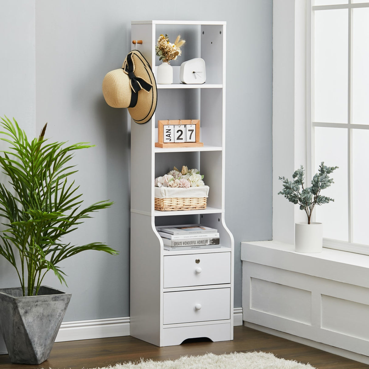 White Slim Storage Unit with 4 Tier Bookshelf Lockable Drawer