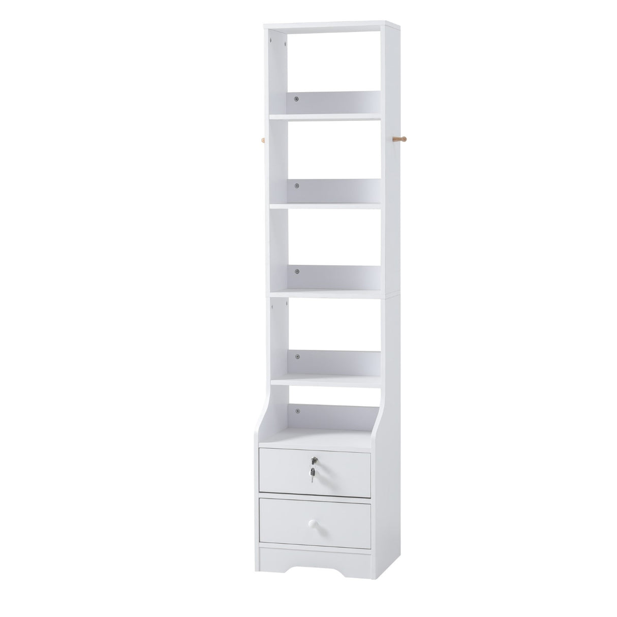 Slim White Storage Cabinet with 5 Tier Bookshelf Lockable Drawer