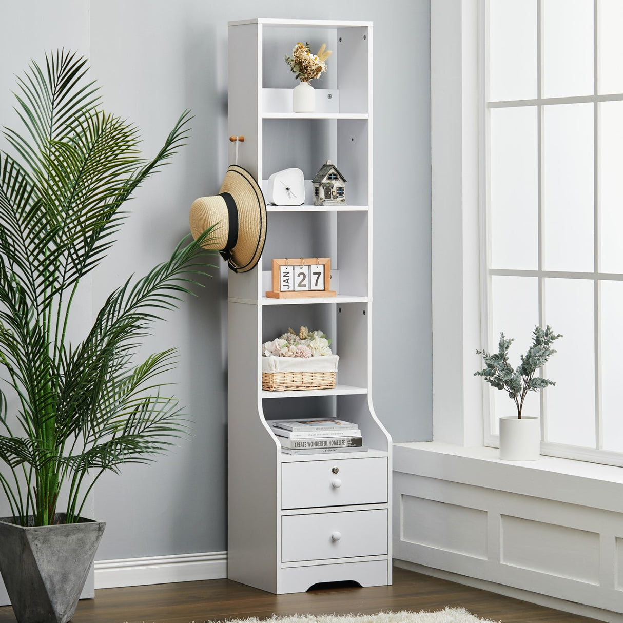 Slim White Storage Cabinet with 5 Tier Bookshelf Lockable Drawer