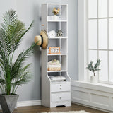 Slim White Storage Cabinet with 5 Tier Bookshelf Lockable Drawer
