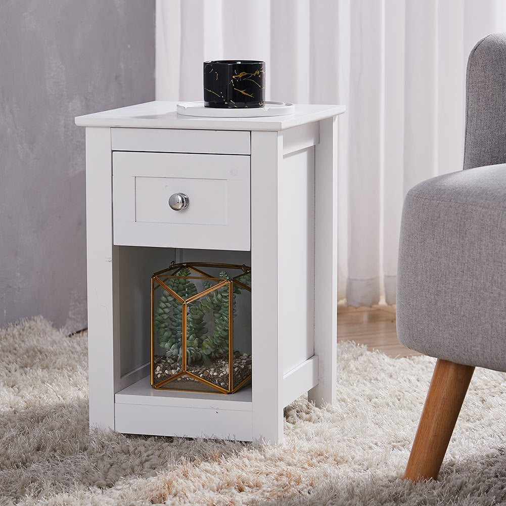 Wooden Bedside Table with Drawer Shelf Storage