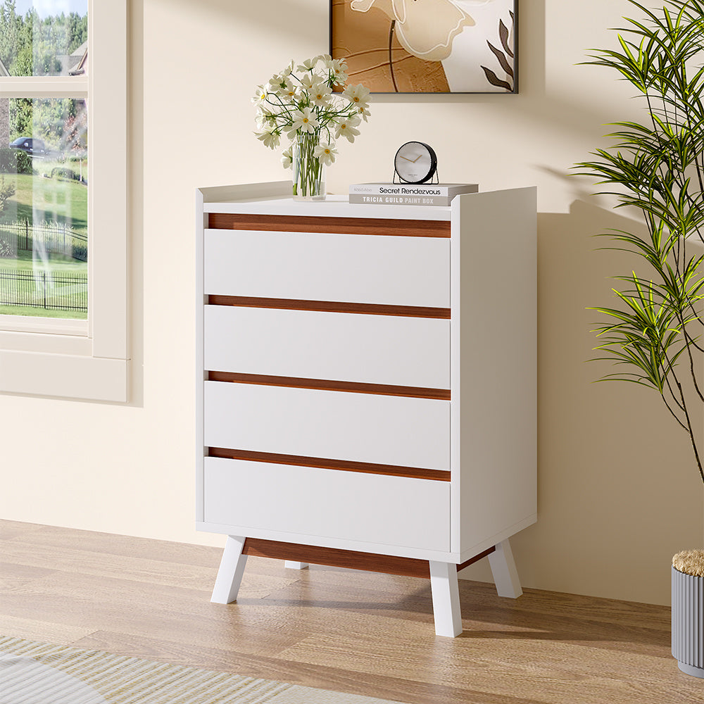 White 4 Drawer Chest Storage Cabinet with Pine Legs