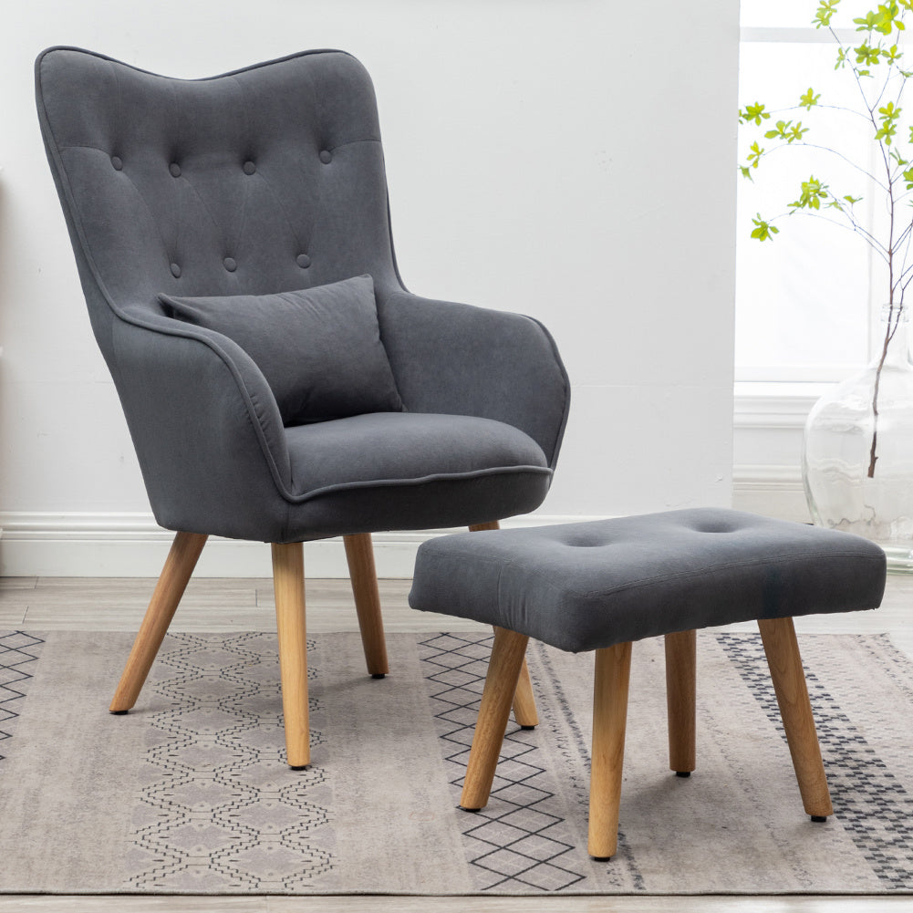 Upholstered Armchair with Footstool Velvet High Back Chair