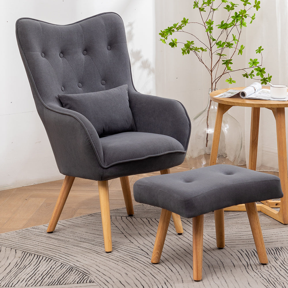 Upholstered Armchair with Footstool Velvet High Back Chair
