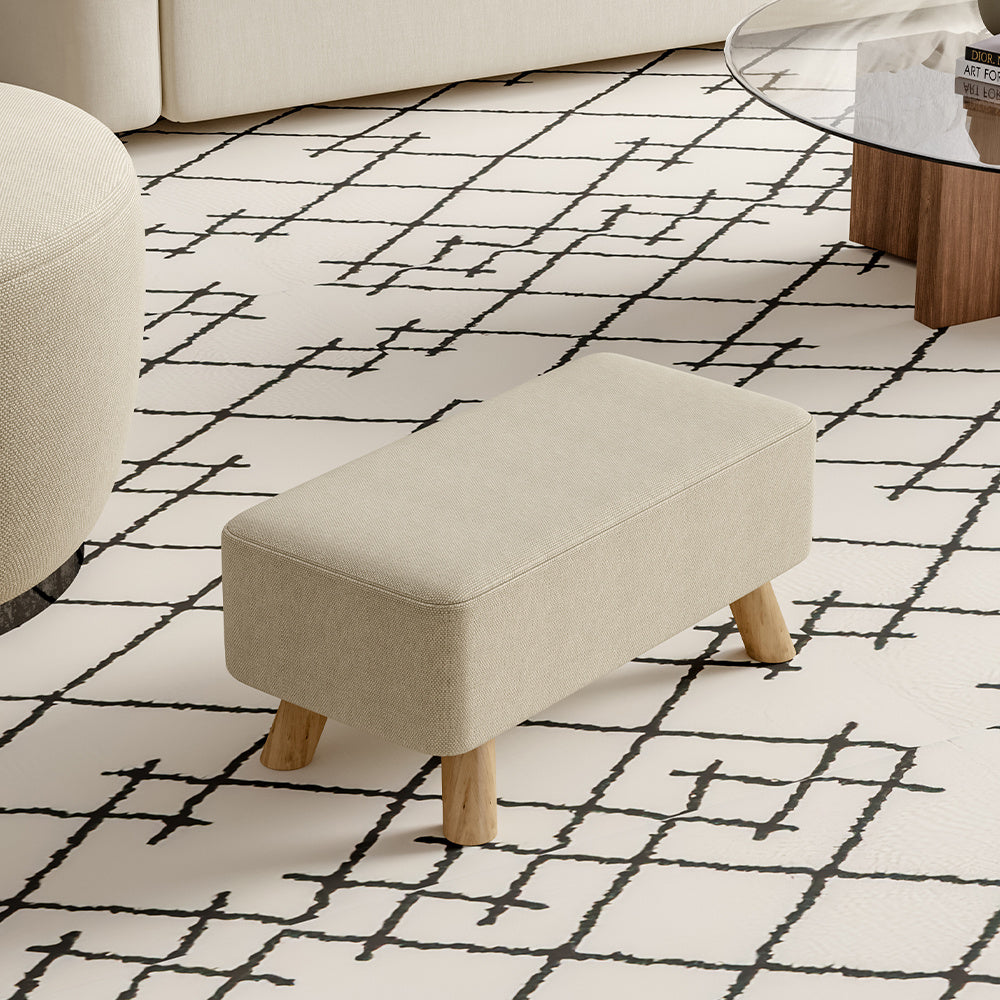 Tofu Shape Oak Wood Linen Footstool with Wooden Legs