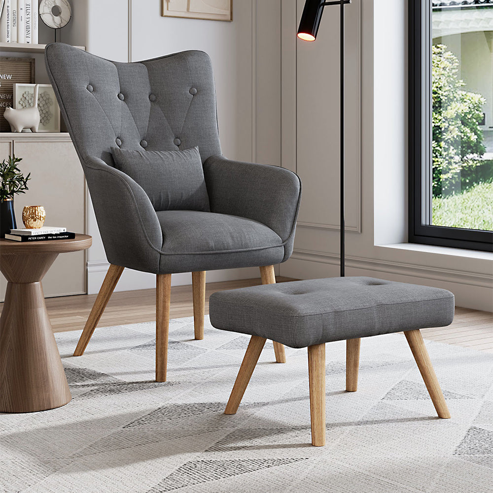 Linen Armchair and Footstool Set with Oak Wood Legs