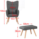 Linen Armchair and Footstool Set with Oak Wood Legs