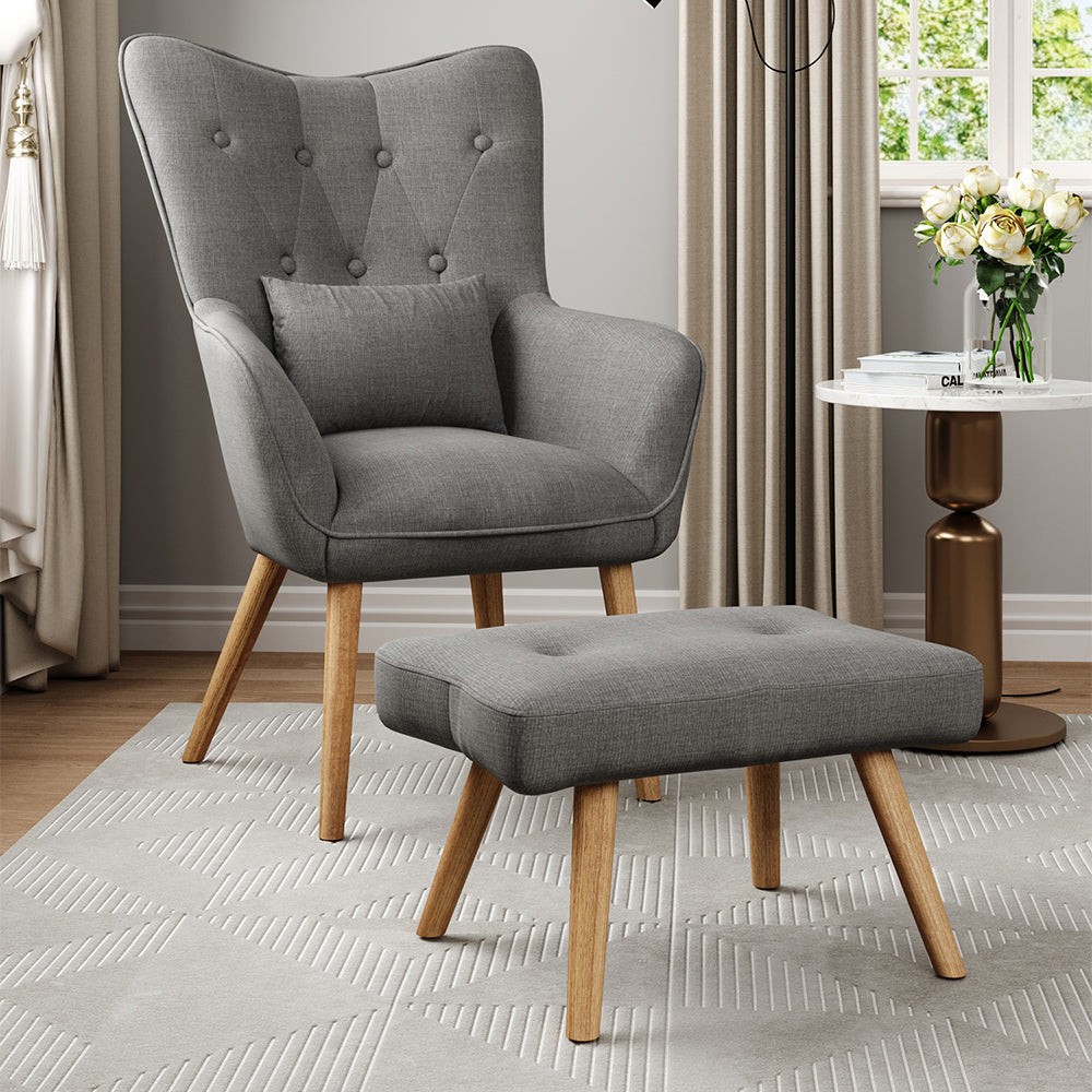 Linen Armchair and Footstool Set with Oak Wood Legs