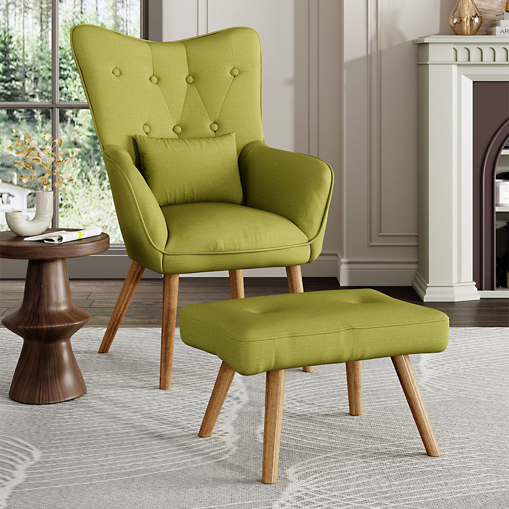 Linen Armchair and Footstool Set with Oak Wood Legs