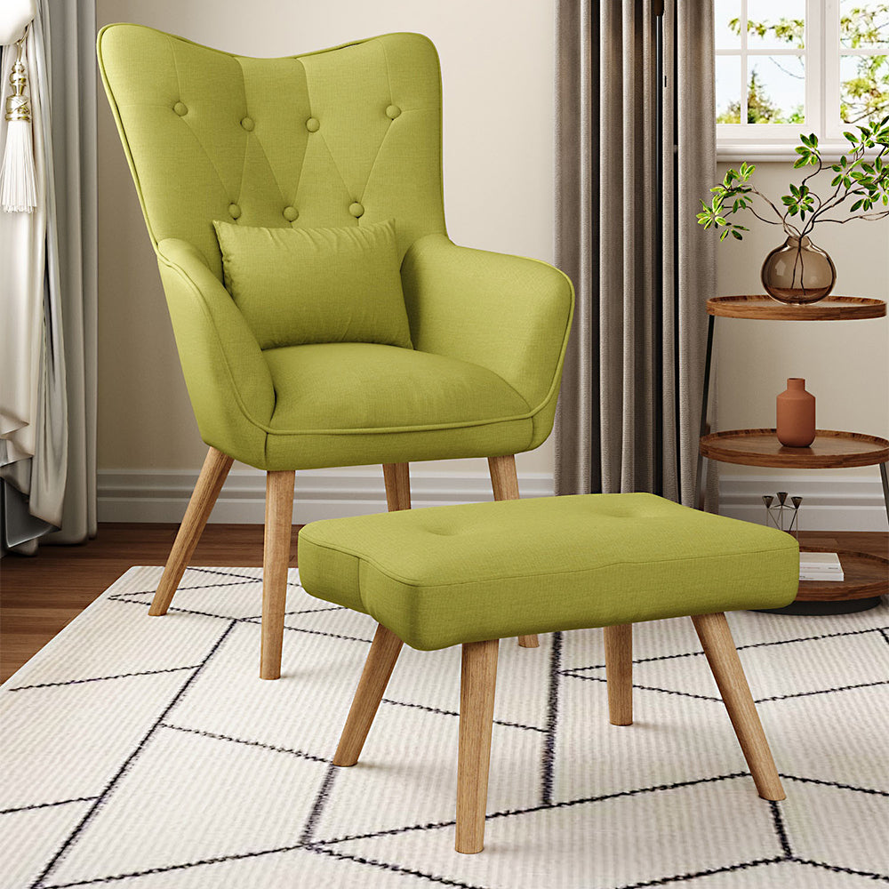Linen Armchair and Footstool Set with Oak Wood Legs