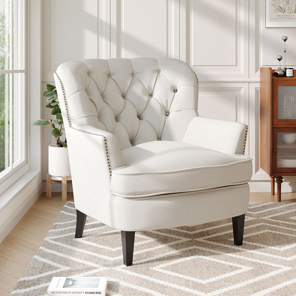 Beige Classic Linen Armchair Padded Seat Wooden Frame Living Room Chair