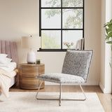 White Linen Upholstery Modern Accent Chair Chrome Frame