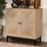 Rustic Wooden Sideboard with Woven Doors and Metal Base