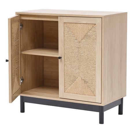 Rustic Wooden Sideboard with Woven Doors and Metal Base