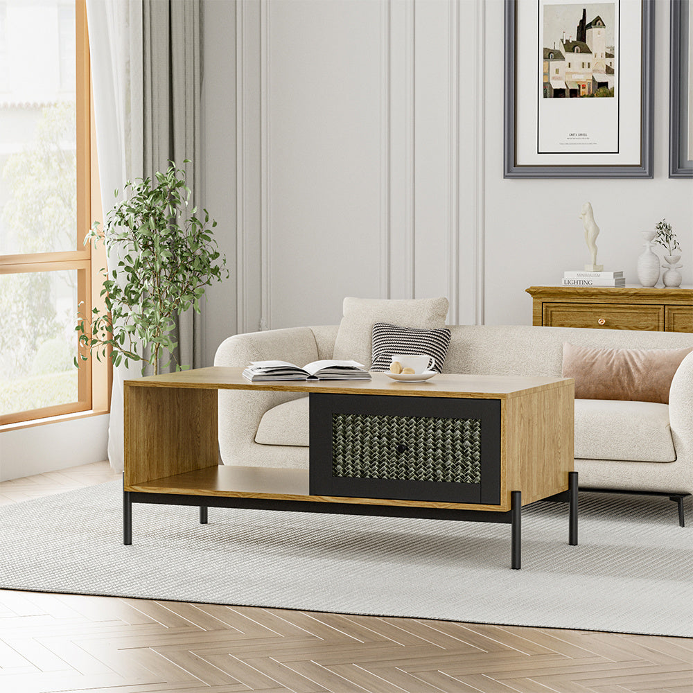 Modern Wooden Rattan Coffee Table with Storage Shelf and Drawer