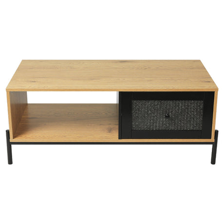 Modern Wooden Rattan Coffee Table with Storage Shelf and Drawer