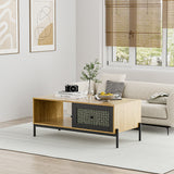 Modern Wooden Rattan Coffee Table with Storage Shelf and Drawer