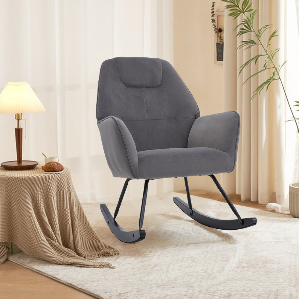 Grey Frosted Velvet Nursery Rocking Chair Ergonomic Support