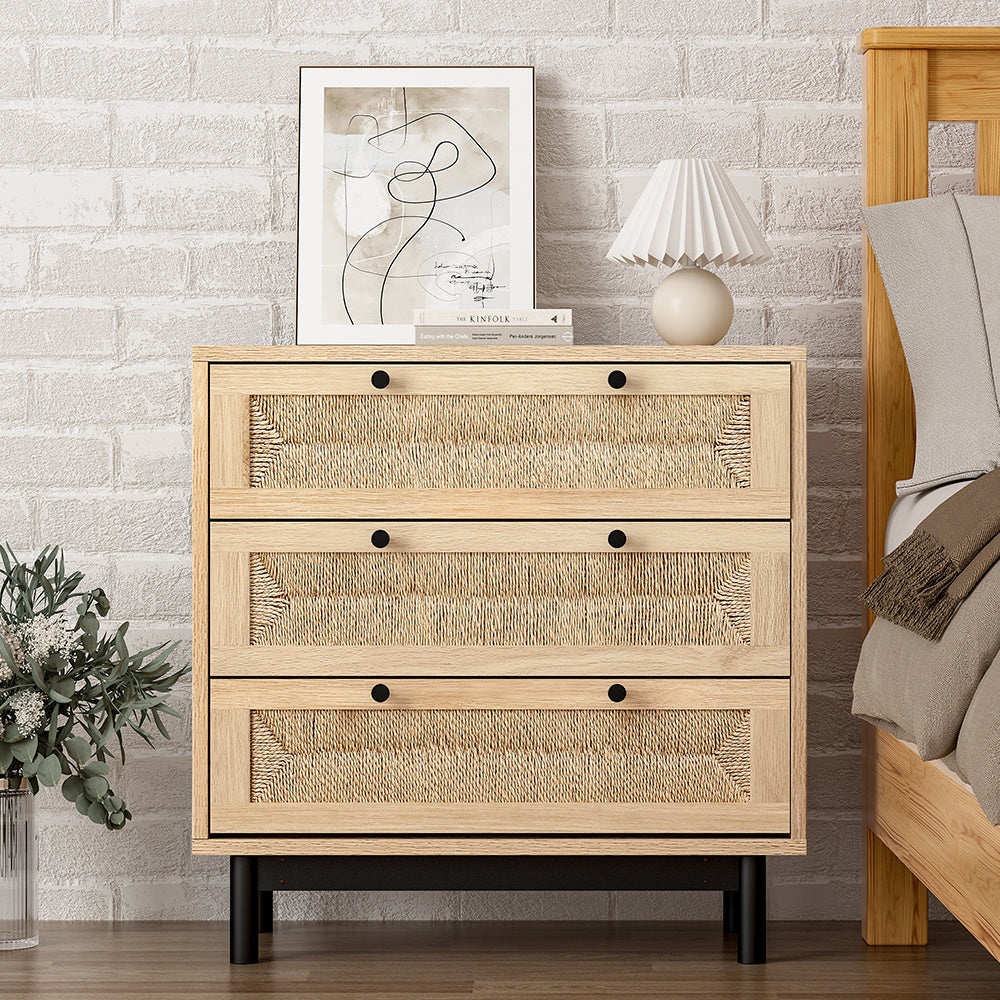 Farmhouse Accent Wooden Storage Cabinet with 3 Woven Drawers