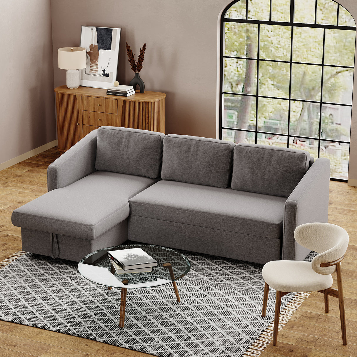 Dark Grey3 Seater L Shaped Sofa Bed with Storage Pull Out Fabric