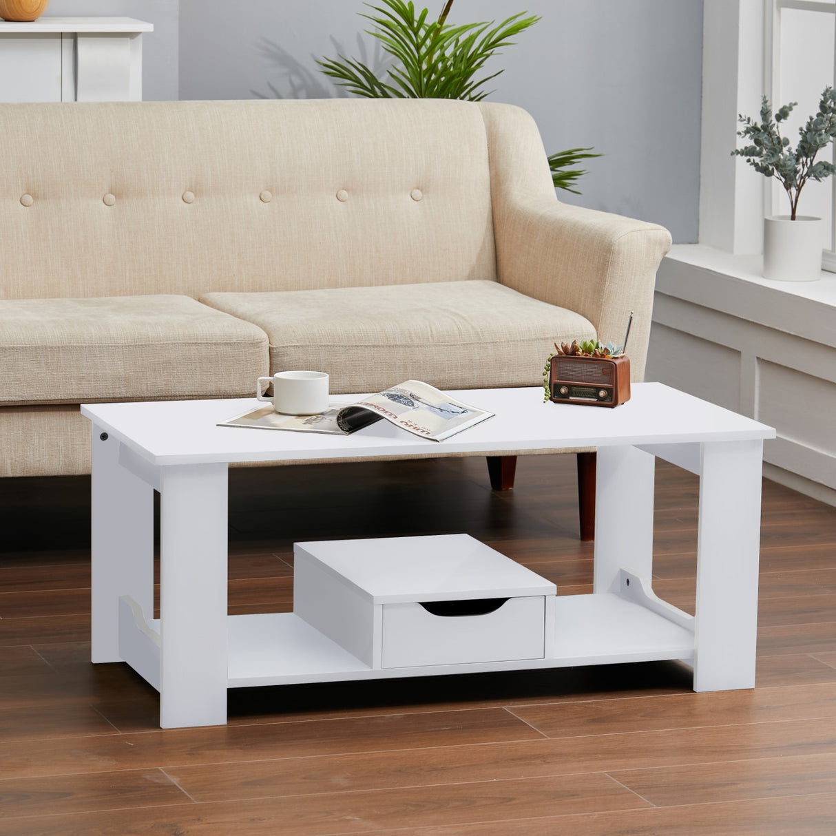 White Wood Modern Coffee Table with Drawer and Shelf Storage